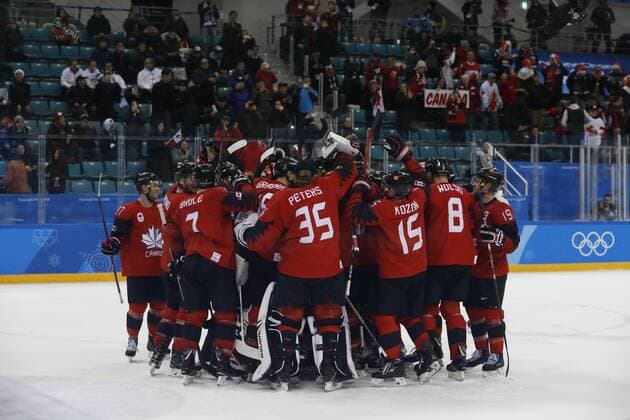 February 21, 2018 - Pyeongchang, KOREA - Canada celebrates their victory at the men s quarterfinal hockey game between Finland and Canada at the Pyeongchang 2018 Olympic Winter games Winterspiele Spiele Summer games at Gangneung Hockey Centre. Canada beat Finland 1-0. Olympics Pyeongchang 2018: Ice hockey Eishockey Men Team Quarterfinal-CAN-FIN - ZUMAm117 20180221_zaf_m117_298 Copyright: xDavidxG.xMcintyrex