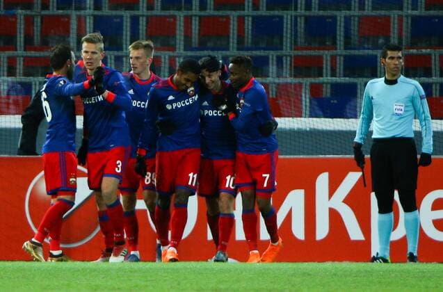 MOSCOW, RUSSIA - FEBRUARY 21, 2018: CSKA Moscow players celebrate scoring against Crvena Zvezda Belgrade in their 2017-2018 UEFA Europa League Round of 32 second leg football match at VEB Arena in Moscow. Mikhail Tereshchenko TASS  TS075222
