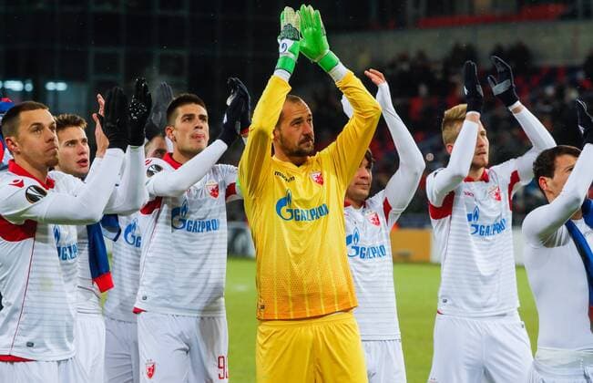 MOSCOW, RUSSIA - FEBRUARY 21, 2018: Crvena Zvezda Belgrade players after their 2017-2018 UEFA Europa League Round of 32 second leg football match against CSKA Moscow at VEB Arena in Moscow; CSKA Moscow won 1-0. Mikhail Metzel TASS  TS07525D