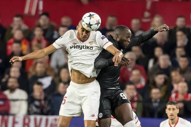 Spain Sevilla 21 02 2018 UEFA Champions League 2017 18 Season Round of 16 First leg Sevilla FC Manchester United FC Steven N Zonzi FCS and Romelu Lukaku MAN in a duel DeFodi507