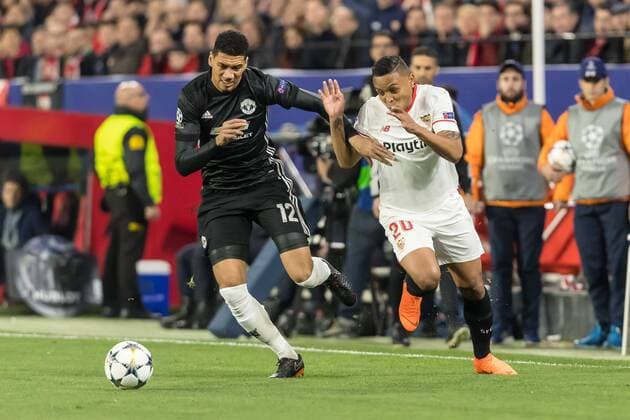 Spain Sevilla 21 02 2018 UEFA Champions League 2017 18 Season leg of 16 First leg Sevilla FC Manchester United FCs Chris Smalling MAN and Luis Muriel FCS in a duel DeFodi507