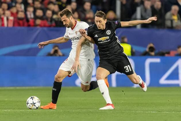 Spain Sevilla 21 02 2018 UEFA Champions League 2017 18 Season Round of 16 First leg Sevilla Manchester United FC Franco Vazquez FCS and Nemanja Matic MAN in a duel DeFodi507