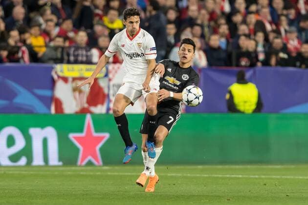 Spain Sevilla 21 02 2018 UEFA Champions League 2017 18 Season leg of 16 First leg Sevilla FC Manchester United FC Jesus Navas FCS and Alexis Sanchez MAN in a duel DeFodi507
