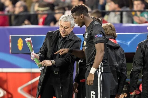 Spain Sevilla 21 02 2018 UEFA Champions League 2017 18 Season leg of 16 First leg Sevilla FC Manchester United FC coach Jose Mourinho MAN speaks with Paul Pogba MAN DeFodi507