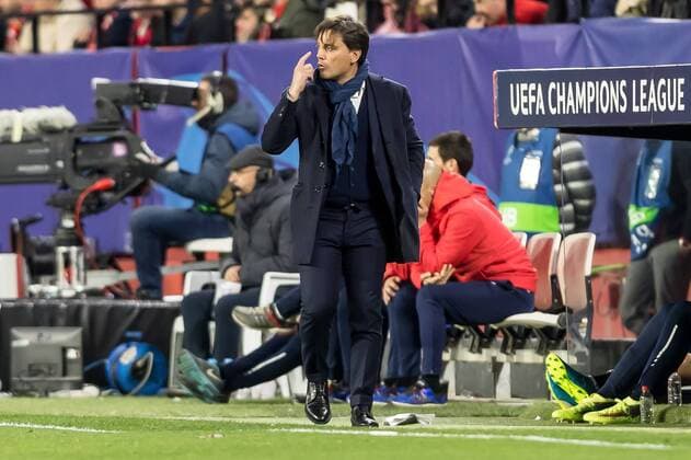 Spain Sevilla 21 02 2018 UEFA Champions League 2017 18 Season Round of 16 First leg Sevilla FC Manchester United FC coach Vincenzo Montella FCS gestures gestures DeFodi507