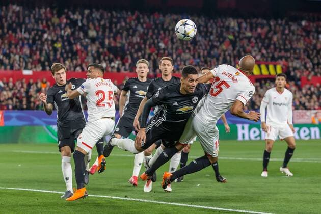 Spain Sevilla 21 02 2018 UEFA Champions League 2017 18 Season Round of 16 First leg Sevilla FC Manchester United FCs Chris Smalling MAN and Steven N Zonzi FCs in a duel DeFodi507
