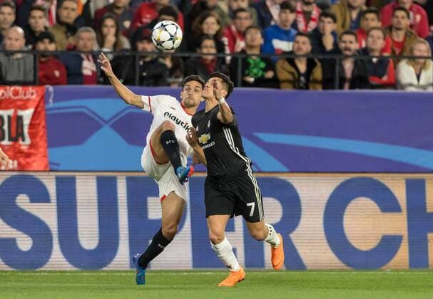 Spain Sevilla 21 02 2018 UEFA Champions League 2017 18 Season leg of 16 First leg Sevilla FC Manchester United FC Jesus Navas FCS and Alexis Sanchez MAN in a duel DeFodi507