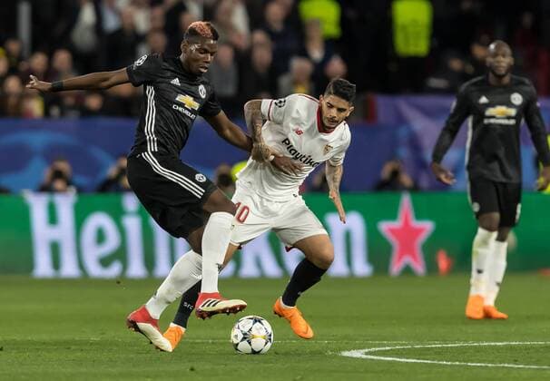 Spain Sevilla 21 02 2018 UEFA Champions League 2017 18 Season leg of 16 First leg Sevilla Manchester United FC Paul Pogba MAN and Ever Banega FCS in action DeFodi507