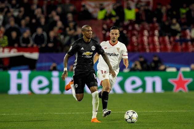 21st February 2018, Ramon Sanchez Pizjuan, Seville, Spain; UEFA Champions League football, round of 16, 1st leg, Sevilla versus Manchester United ManU Ashley Young runs back to collect a through ball  ActionPlus11991057