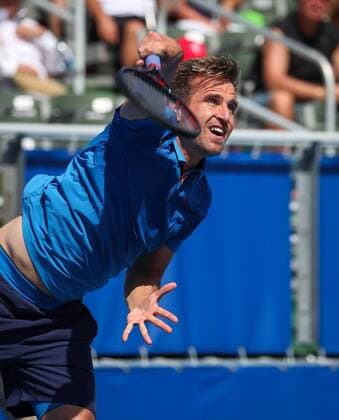 February 21, 2018: Peter Gojowczyk, from Germany, serves against John Isner, from USA, during the 2018 Delray Beach Open ATP Tennis Herren professional tennis tournament, played at the Delray Beach Stadium & Tennis Center in Delray Beach, Florida, USA. Peter Gojowczyk won 7-6 (3), 6-7 (4), 7-6 (5). CSM Tennis 2018: ATP Delray Beach Open FEB 21 - ZUMAc04_ 20180221_zaf_c04_201 Copyright: xMarioxHoubenx