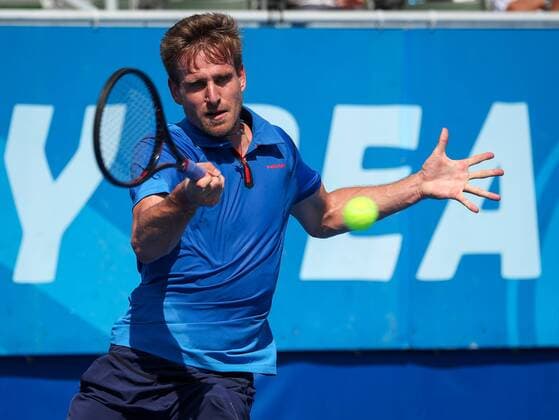 February 21, 2018: Peter Gojowczyk, from Germany, hits a forehand against John Isner, from USA, during the 2018 Delray Beach Open ATP Tennis Herren professional tennis tournament, played at the Delray Beach Stadium & Tennis Center in Delray Beach, Florida, USA. Peter Gojowczyk won 7-6 (3), 6-7 (4), 7-6 (5). CSM Tennis 2018: ATP Delray Beach Open FEB 21 - ZUMAc04_ 20180221_zaf_c04_223 Copyright: xMarioxHoubenx