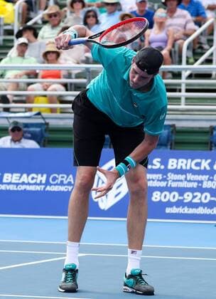 February 21, 2018: John Isner, from USA, reacts in frustration as he loses a point in a match against Peter Gojowczyk, from Germany, during the 2018 Delray Beach Open ATP Tennis Herren professional tennis tournament, played at the Delray Beach Stadium & Tennis Center in Delray Beach, Florida, USA. Peter Gojowczyk won 7-6 (3), 6-7 (4), 7-6 (5). CSM Tennis 2018: ATP Delray Beach Open FEB 21 - ZUMAc04_ 20180221_zaf_c04_226 Copyright: xMarioxHoubenx