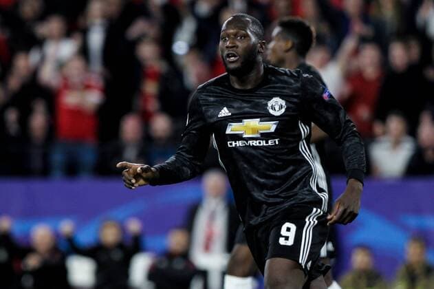 21st February 2018, Ramon Sanchez Pizjuan, Seville, Spain; UEFA Champions League football, round of 16, 1st leg, Sevilla versus Manchester United ManU Manchester United forward Romelu Lukaku celebrates a disallowed goal due to handball  ActionPlus11991216