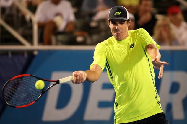 February 21, 2018: Reilly Opelka, from USA, hits a forehand against Jack Sock, from USA, during the 2018 Delray Beach Open ATP Tennis Herren professional tennis tournament, played at the Delray Beach Stadium & Tennis Center in Delray Beach, Florida, USA. Reilly Opelka won 4-6, 7-5, 6-3. CSM Tennis 2018: ATP Delray Beach Open FEB 21 - ZUMAc04_ 20180221_zaf_c04_247 Copyright: xMarioxHoubenx