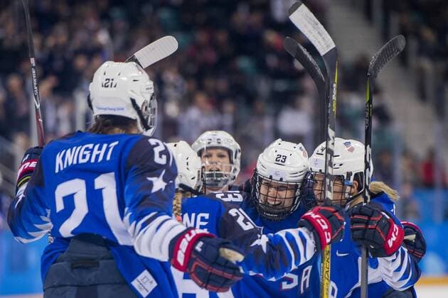 180222 Hilary Knight or USA celebrates with her teammates Sidney Morin and Brianna Decker after scoring 1 0 during the Womens Ice Hockey Final between USA and Canada during day of the 2018 Winter Olympics on February 22, 2018 in Pyeongchang Photo Petter Arvidson PICTURE BODY N Code PA 91993  Copyright: PETTERxARVIDSON BB180222PA016