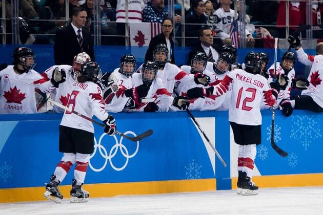 180222 Laura Fortino and Meaghan Mikkelson of Canada celebrating the 1 1 goal during the Womens Ice Hockey Final between USA and Canada during day thirteen of the 2018 Winter Olympics on February 22, 2018 in Pyeongchang Photo Petter Arvidson PICTURE BODY N Code PA 91993  Copyright: PETTERxARVIDSON BB180222PA019