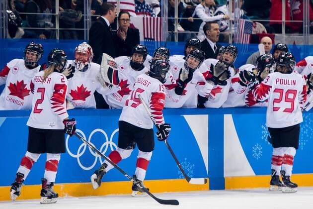 180222 Meghan Agosta Melody Daoust and Marie Philip Poulin of Canada celebrates the 2 1 goal during the Womens Ice Hockey Final between USA and Canada during the day of the 2018 Winter Olympics on February 22, 2018 in Pyeongchang Photo Petter Arvidson PICTURE BODY N Code PA 91993  Copyright: PETTERxARVIDSON BB180222PA022