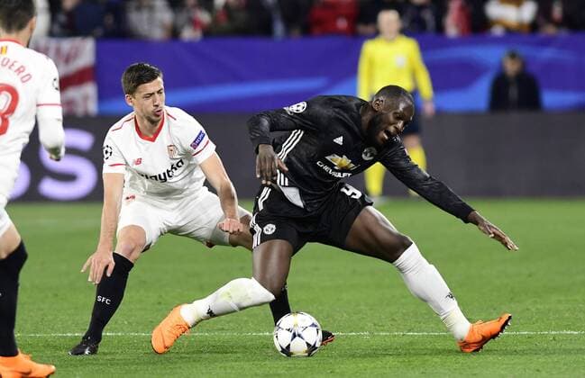 Partido de ida de octavos de la Liga de Campeones entre el Sevilla y el Manchester United ManU en el Pizjuan. En la imagen, Lukaku. First leg of 1 8 Champions League match between Sevilla and Manchester United. In this picture, Lukaku. 