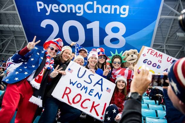 180222 Fans of USA during the Womens Ice Hockey Final between USA and Canada during day of the 2018 Winter Olympics on February 22, 2018 in Pyeongchang Photo Petter Arvidson PICTURE BIRTH N Code PA 91993  Copyright: PETTERxARVIDSON BB180222PA047