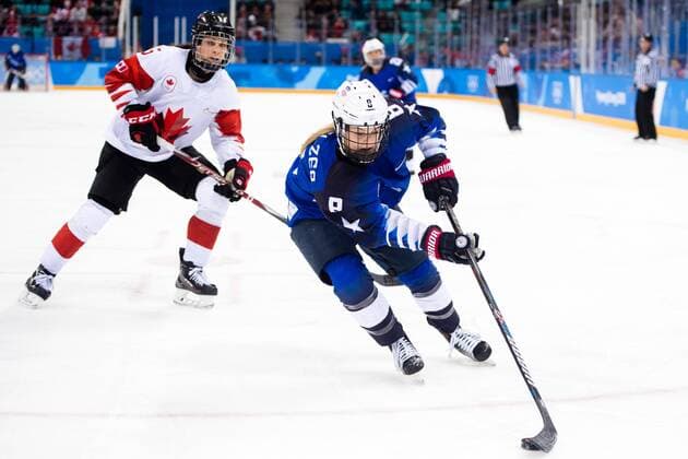 180222 Lauriane Rougeau or Canada and Emily Pfalzer or USA during the Womens Ice Hockey Final between USA and Canada during day thirteen of the 2018 Winter Olympics on February 22, 2018 in Pyeongchang Photo Petter Arvidson BILDBYRAN Code PA 91993  Copyright: PETTERxARVIDSON BB180222PA049