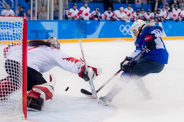 180222 Gigi Marvin or USA scores a shootout goal behind Shannon Szabados or Canada in the Womens Ice Hockey Final between USA and Canada during day of the 2018 Winter Olympics on February 22, 2018 in Pyeongchang Photo Petter Arvidson PICTURE BODY N Code PA 91993  Copyright: PETTERxARVIDSON BB180222PA052