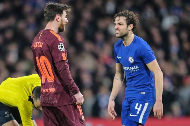 Lionel Messi of Barcelona and Cesc Fabregas of Chelsea during the UEFA Champions League match between Chelsea and Barcelona at Stamford Bridge, London, England on 20 February 2018. Copyright: xDavidxHornx PMI-1840-0078