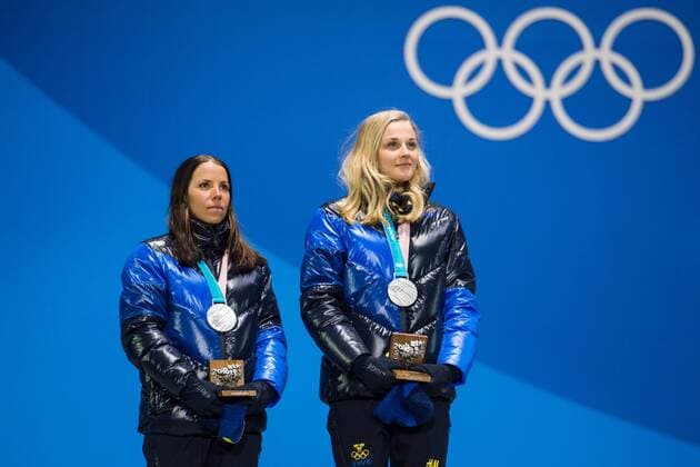 180222 Charlotte Kalla and Stina Nilsson of Sweden Silver celebrates with the medals at the Medal Ceremony during day thirteen of the 2018 Winter Olympics on February 22, 2018 in Pyeongchang Photo Carl Sandin BILDBYRAN Code CS 57999 316  Copyright: CARLxSANDIN BB180222CS029