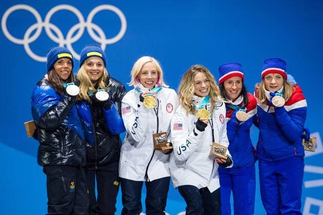 180222 Charlotte Kalla and Stina Nilsson of Sweden Kickan Randall and Jessica Diggins of USA Gold Maiken Caspersen Falla and Marit Bjorgen of Norway Bronze Silver celebrates with the medals at the Medal Ceremony during day thirteen of the 2018 Winter Olympics on February 22, 2018 in Pyeongchang Photo Carl Sandin BILDBYRAN Code CS 57999 316  Copyright: CARLxSANDIN BB180222CS030