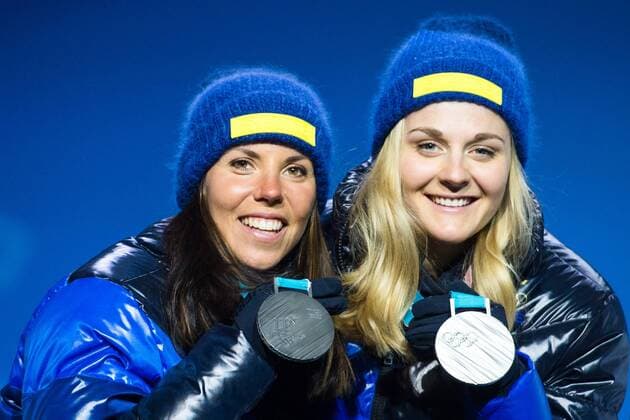 180222 Charlotte Kalla and Stina Nilsson of Sweden Silver celebrates with the medals at the Medal Ceremony during day thirteen of the 2018 Winter Olympics on February 22, 2018 in Pyeongchang Photo Carl Sandin BILDBYRAN Code CS 57999 316  Copyright: CARLxSANDIN BB180222CS031