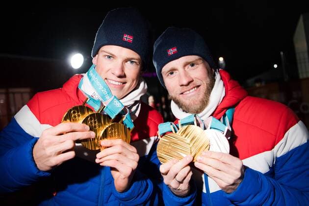 180222 Johannes H¿sflot Kl¾bo and Martin Johnsrud Sundby of Norway celebrates with the medal after the Medal Ceremony during day thirteen of the 2018 Winter Olympics on February 22, 2018 in Pyeongchang. Photo: Carl Sandin BILDBYRN kod CS 57999_316 *** 180222 Johannes Hösflot Kl?bo and Martin Johnsrud Sundby of Norway celebrates with the medal after the Medal Ceremony during day thirteen of the 2018 Winter Olympics on February 22, 2018 in Pyeongchang Photo Carl Sandin BILDBYR N Code CS 57999 316  Copyright: CARLxSANDIN BB180222CS038