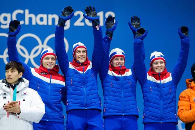 180222 Havard Bokko Sindre Hendriksen Simen Spieler Nilsen and Sverre Lunde Pedersen of Norway celebrates with the medal after the Medal Ceremony during day thirteen of the 2018 Winter Olympics on February 22, 2018 in Pyeongchang Photo Carl Sandin BILDBYRAN Code CS 57999 316  Copyright: CARLxSANDIN BB180222CS041