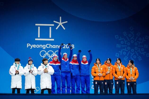 180222 Team South Korea Silver Team Norway Gold and Team Netherlands Bronze celebrates with the medal after the Medal Ceremony during day thirteen of the 2018 Winter Olympics on February 22, 2018 in Pyeongchang Photo Carl Sandin BILDBYRAN Code CS 57999 316  Copyright: CARLxSANDIN BB180222CS042