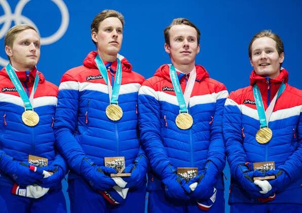 180222 Havard Bokko Sindre Hendriksen Simen Spieler Nilsen and Sverre Lunde Pedersen of Norway celebrates with the medal after the Medal Ceremony during day thirteen of the 2018 Winter Olympics on February 22, 2018 in Pyeongchang Photo Carl Sandin BILDBYRAN Code CS 57999 316  Copyright: CARLxSANDIN BB180222CS043