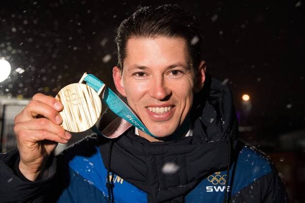 180222 Other Myhrer of Sweden Gold in the Mens Slalom celebrates with the medal after the Medal Ceremony during day thirteen of the 2018 Winter Olympics on February 22, 2018 in Pyeongchang Photo Carl Sandin BILDBYR N Code CS 57999 316  Copyright: CARLxSANDIN BB180222CS049