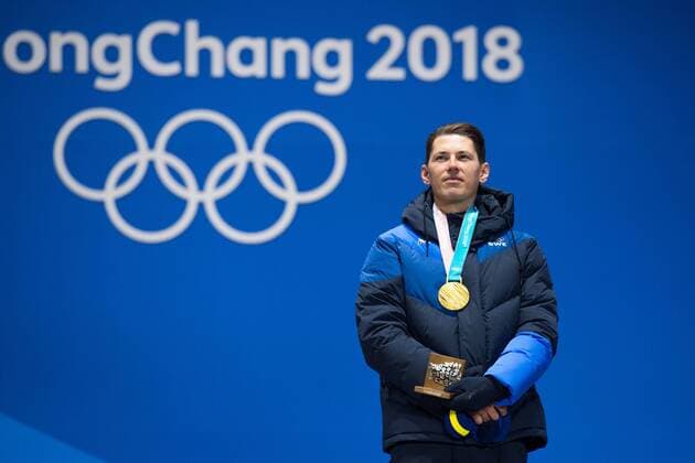 180222 Other Myhrer of Sweden Gold in the Mens Slalom celebrates with the medal after the Medal Ceremony during day thirteen of the 2018 Winter Olympics on February 22, 2018 in Pyeongchang Photo Carl Sandin BILDBYR N Code CS 57999 316  Copyright: CARLxSANDIN BB180222CS052