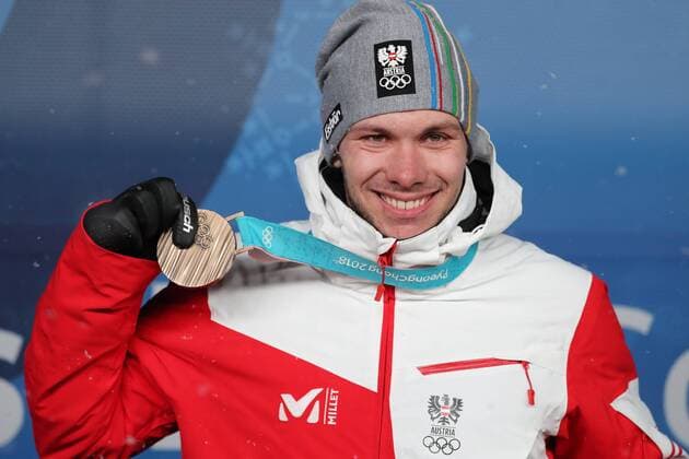 PyeongChang 2018, Ski Alpin, Slalom, Herren, Siegerehrung OLYMPICS - 2018 Winter Olympics PYEONGCHANG,SOUTH KOREA,22.FEB.18 - OLYMPICS, ALPINE SKIING - Olympic Winter games Winterspiele Spiele Summer games PyeongChang 2018, slalom, men. Image shows Michael Matt (AUT). Keywords: medal. GEPAxpictures xMathiasxMandl