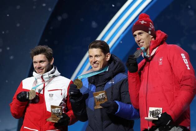OLYMPICS - 2018 Winter Olympics PYEONGCHANG,SOUTH KOREA,22.FEB.18 - OLYMPICS, ALPINE SKIING - Olympic Winter games Winterspiele Spiele Summer games PyeongChang 2018, slalom, men. Image shows Michael Matt (AUT), Andre Myhrer (SWE) and Ramon Zenhaeusern (SUI). Keywords: medal. GEPAxpictures xMathiasxMandl