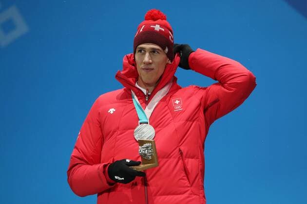 PyeongChang 2018, Ski Alpin, Slalom, Herren, Siegerehrung OLYMPICS - 2018 Winter Olympics PYEONGCHANG,SOUTH KOREA,22.FEB.18 - OLYMPICS, ALPINE SKIING - Olympic Winter games Winterspiele Spiele Summer games PyeongChang 2018, slalom, men. Image shows Ramon Zenhaeusern (SUI). Keywords: medal. GEPAxpictures xMathiasxMandl