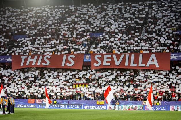 SEVILLE, SPAIN - FEBRUARY 21: Supporters of Sevilla before the UEFA Champions League Round of 16 First Leg match between Sevilla FC and Manchester United ManU at Estadio Ramon Sanchez Pizjuan on February 21, 2018 in Seville, Spain. SPO, SOC, FOC 