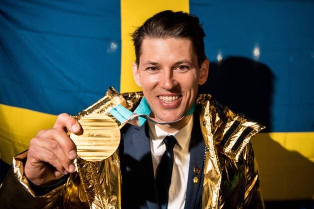 180222 Alpine skiing Other Myhrer of Sweden poses with his gold medal after his win in slalom during day thirteen of the 2018 Winter Olympics on February 22, 2018 in Pyeongchang Photo Petter Arvidson BILDBYRAN Code PA 91994  Copyright: PETTERxARVIDSON BB180222PA108