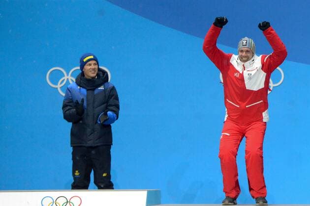 February 22, 2018 - Pyeongchang, South Korea - MICHAEL MATT of Austria celebrates getting the bronze medal in the Men s Slalom ski racing event in the PyeongChang Olympic Games Olympische Spiele Olympia OS Pyeongchang 18: Medal Winners - ZUMAl132 20180222_zap_l132_002 Copyright: xChristopherxLevyx