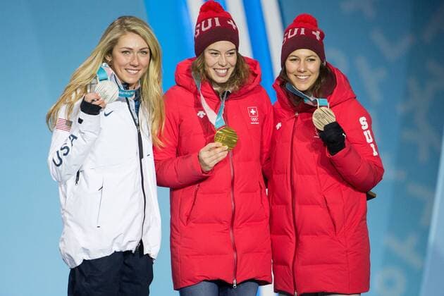From left Ladies Alpine Combined Slalom silver medalist Mikaela Shiffrin of the United States, gold medalist Michelle Gisin of Switzerland and bronze medalist Wendy Holdener of Switzerland pose for a photo during the medals ceremony for the 2018 Olympics at the Pyeongchang Medals Plaza in Pyeongchang, South Korea on February 22, 2018.  OLY20180222174 MATTHEWxHEALEY