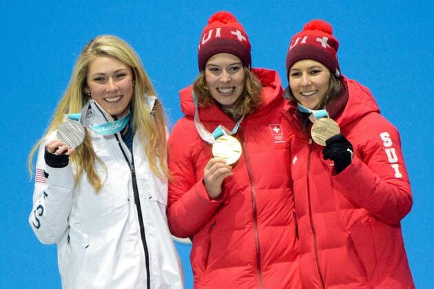 February 22, 2018 - Pyeongchang, South Korea - MIKAELA SHIFFRIN of the United States (left) , MICHELLE GISIN of Switzerland (center) and WENDY HOLDENER of Switzerland with their medals from the Ladies Combined Alpine Slalom skiing event in the PyeongChang Olympic Games Olympische Spiele Olympia OS Pyeongchang 18: Medal Winners - ZUMAl132 20180222_zap_l132_037 Copyright: xChristopherxLevyx