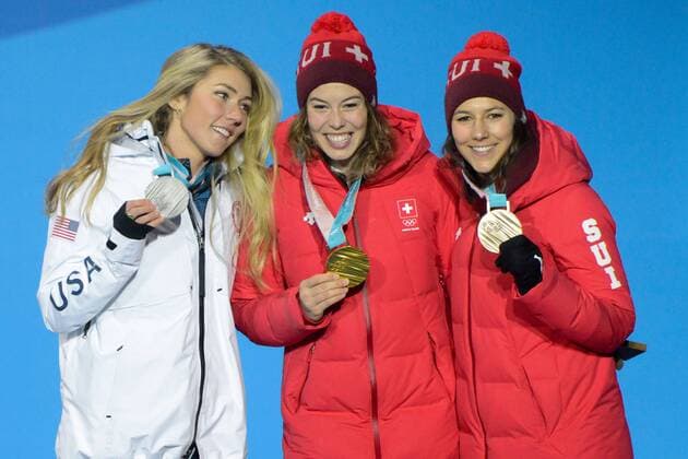 February 22, 2018 - Pyeongchang, South Korea - MIKAELA SHIFFRIN of the United States (left) , MICHELLE GISIN of Switzerland (center) and WENDY HOLDENER of Switzerland with their medals from the Ladies Combined Alpine Slalom skiing event in the PyeongChang Olympic Games Olympische Spiele Olympia OS Pyeongchang 18: Medal Winners - ZUMAl132 20180222_zap_l132_042 Copyright: xChristopherxLevyx