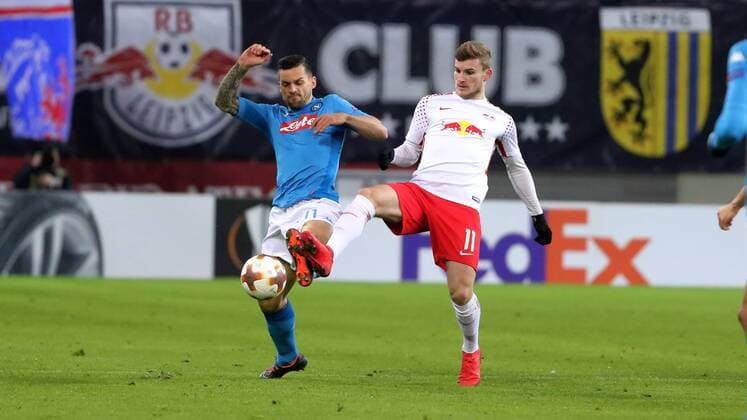 RB Leipzig SSC Napoli Soccer Euro League Leipzig 22 02 2018 Red Bull Arena Soccer UEFA Euro League 16 El Final SSC Napoli vs. RB Leipzig In the picture from the left Christian Maggio 11 Naples and Timo Werner 11 RB Leipzig