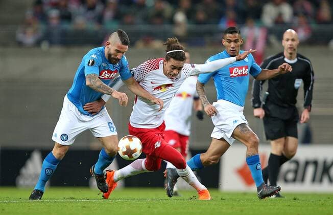 22 02 2018 Football UEFA Europa League 2017 2018 Intermediate round RB Leipzig SSC Napoli at the Red Bull Arena Leipzig v Lorenzo Tonelli SSC Napoli against Yussuf Poulsen RB Leipzig and Allan SSC Napoli