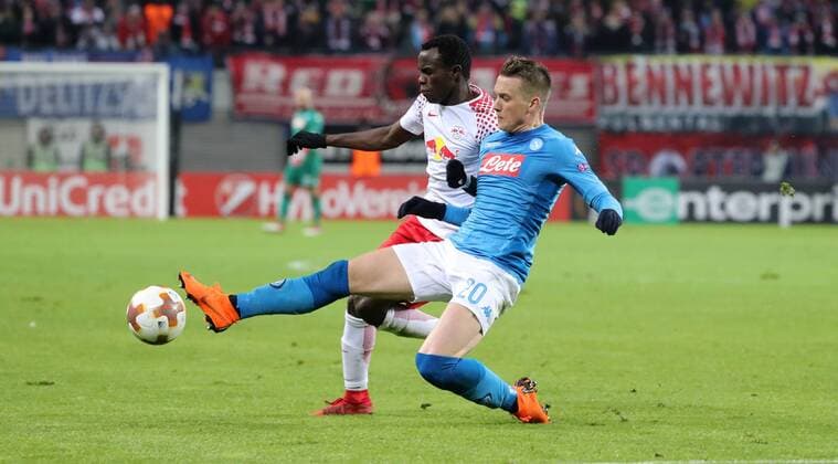 RB Leipzig SSC Napoli Soccer Euro League Leipzig 22 02 2018 Red Bull Arena Soccer UEFA Euro League 16 El Final SSC Napoli vs RB Leipzig Front Piotr Zielinski 20 Napoli and Bruma 17 RB Leipzig