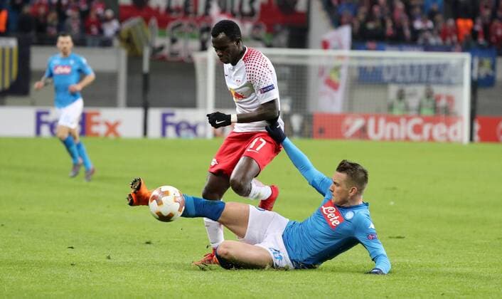 RB Leipzig SSC Napoli Soccer Euro League Leipzig 22 02 2018 Red Bull Arena Soccer UEFA Euro League 16 El Final SSC Napoli vs RB Leipzig Front Piotr Zielinski 20 Napoli and Bruma 17 RB Leipzig