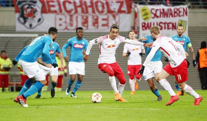 RB Leipzig SSC Napoli Soccer Euro League Leipzig 22 02 2018 Red Bull Arena Soccer UEFA Euro League 16 El Final Return RB Leipzig vs SSC Napoli Pictured v l Raul Albiol 33 Naples Yussuf Poulsen 9 RB Leipzig and Timo Werner 11 RB Leipzig