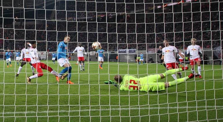 RB Leipzig SSC Napoli Soccer Euro League Leipzig 22 02 2018 Red Bull Arena Soccer UEFA Euro League 16 Elfin Return SSC Napoli vs RB Leipzig The goal for SSC Napoli Piotr Zielinski 20 Napoli scores the 0-0 for the TReffer